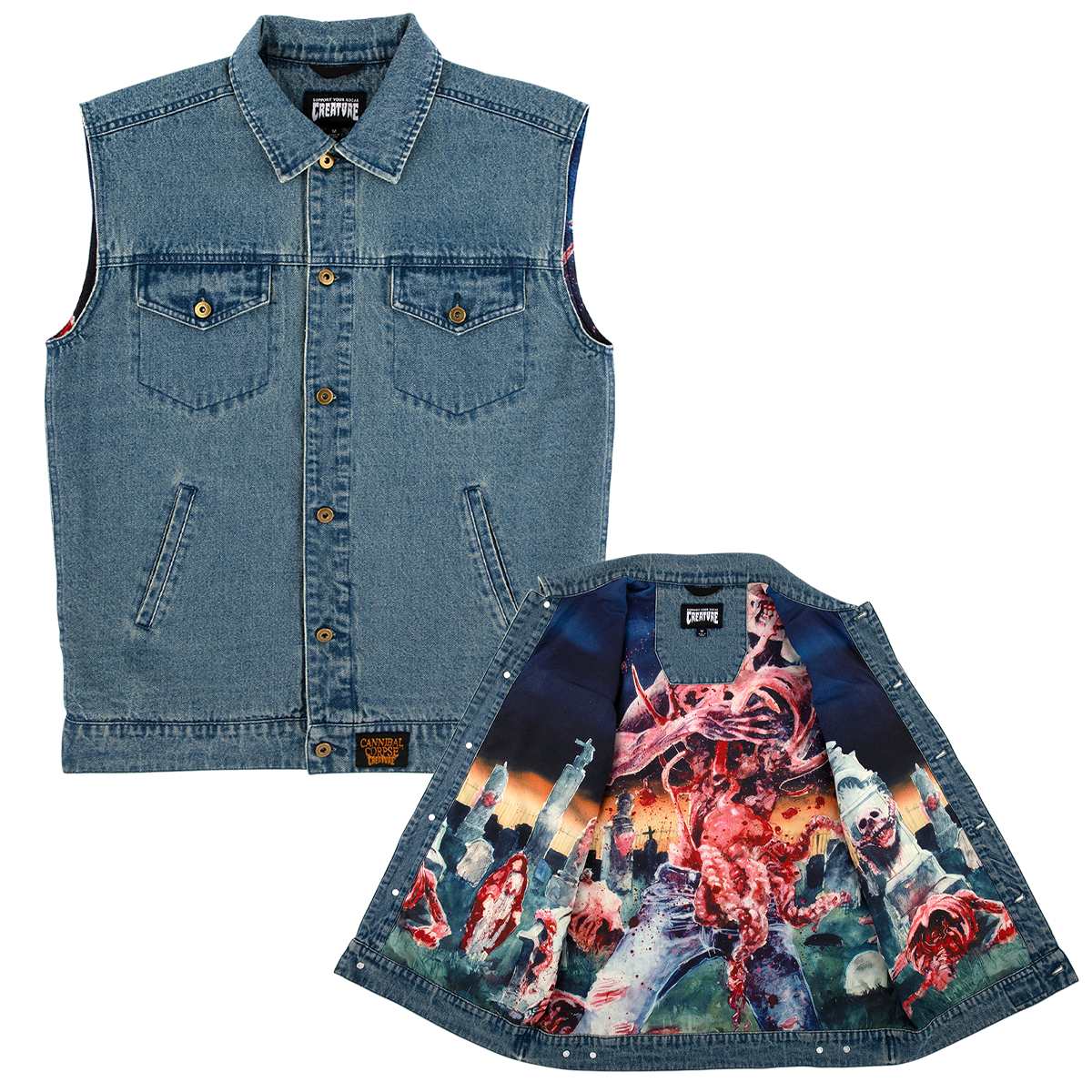 ジャケット・アウター oll Kyoto TARO DENIM VEST Cannibal Corpse X Creature Eaten Back To Life Denim Vest