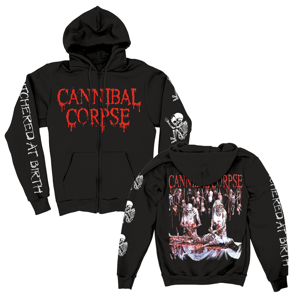 Butchered At Birth Sleeve Print Zip Up Hoodie (Black)