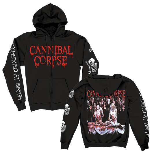 Butchered At Birth Sleeve Print Zip Up Hoodie (Black)